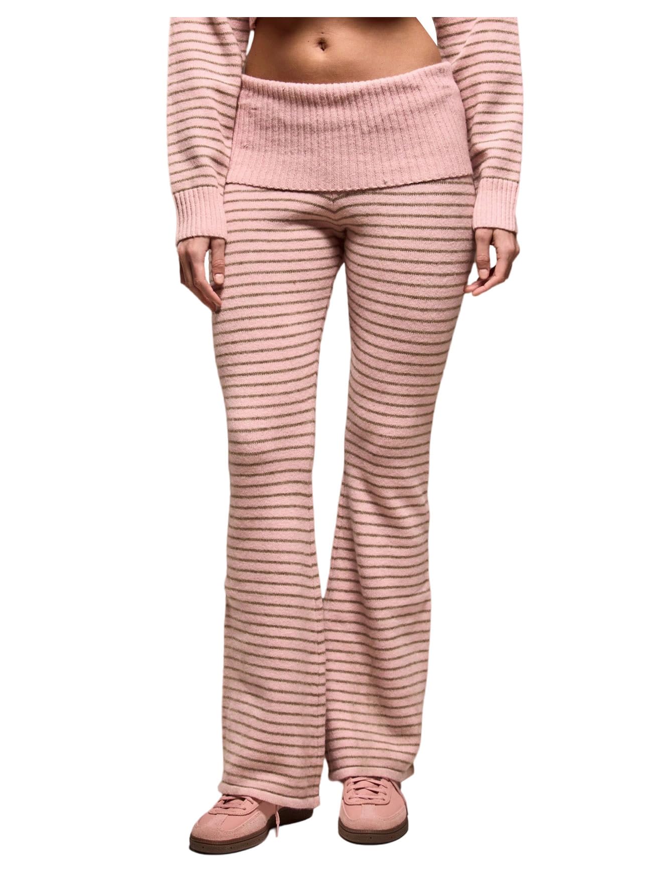 Verdusa Womens Y2K Flared Pants Foldover Low Waisted Striped Bell Bottoms Knitted Trousers