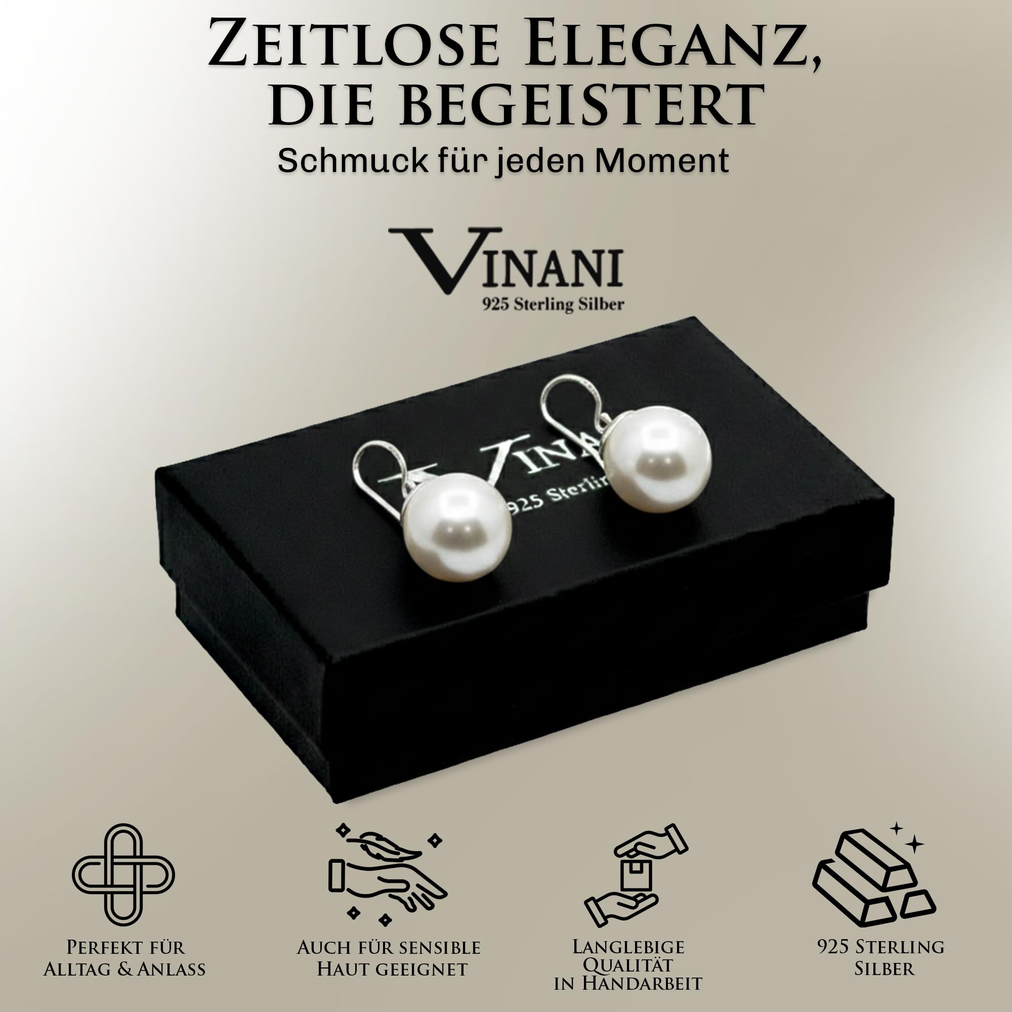Vinani Damen Perlen Ohrringe 925 - Silber Ohrring Set aus 925 Sterling Silber für Frauen - großer weißer Muschelkern - OPL
