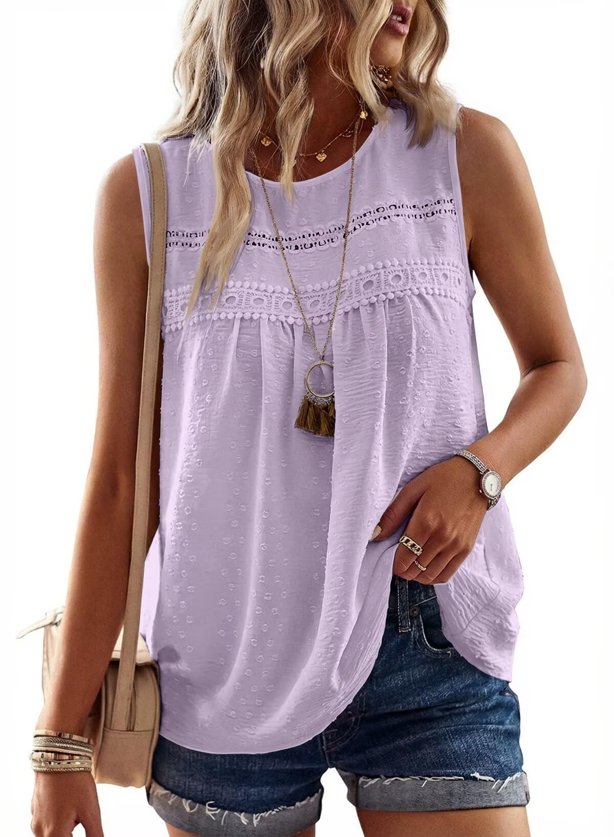 Falechay Tank Tops for Women Flowy Boho Cute Swiss Dots Sleeveless Shirts | Crewneck Loose Fit Summer Blouses, Daily Casual, Hide Belly Fat, Cute Lace Hem Ladies Tunic, Babydoll Crochet Trendy Clothes