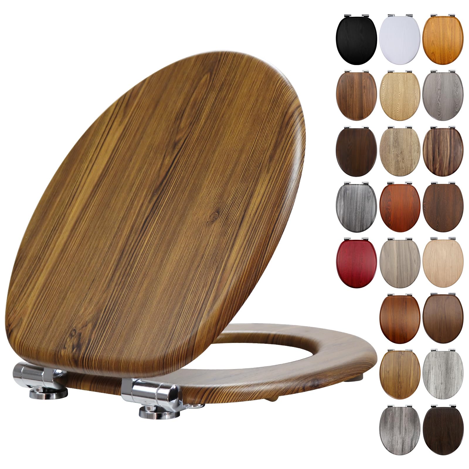 Fanmitrk Wooden Toilet Seat Ancient Pine with Soft Close Adjustable Solid Hinges, MDF Wood Oval Toilet Seat (JH3404-01) — image 1