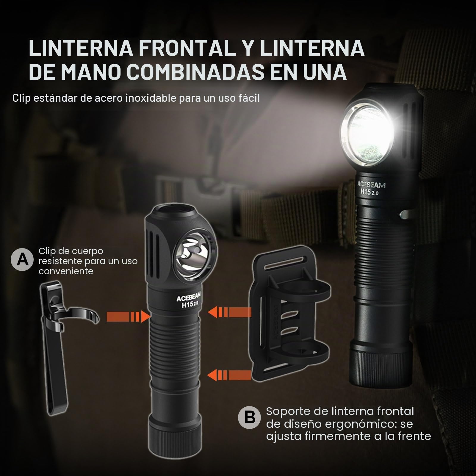 ACEBEAM H15 2.0 linterna frontal led recargable, 2800 lúmenes, faro LED superbrillante con luz roja blanca, linterna de ángulo recto multifuncional para acampar al aire libre, reparar, pescar