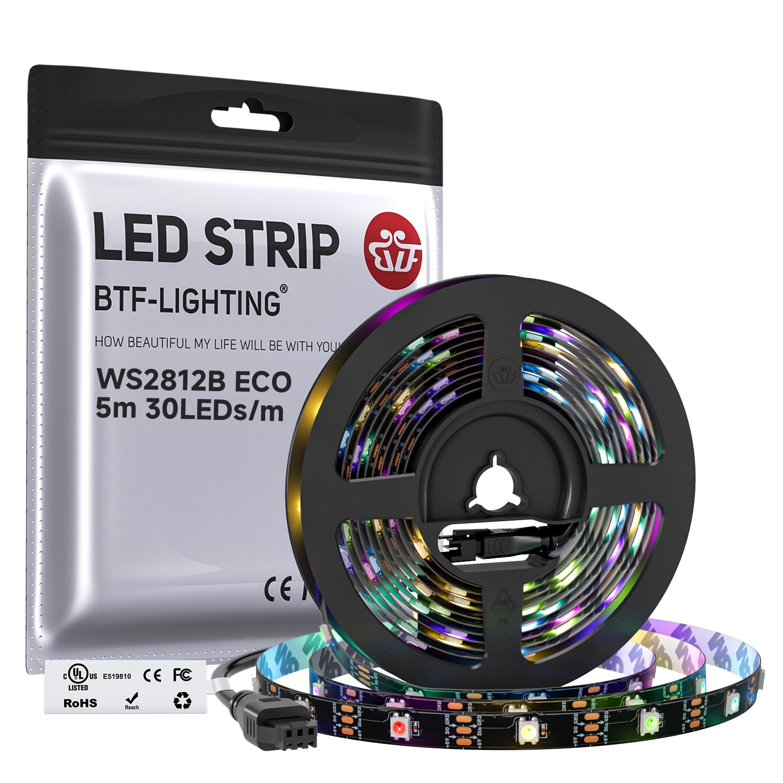 BTF-LIGHTING WS2812B IC RGB LED Strip,UL Listed,DC5V 16.4FT 150LED IP30