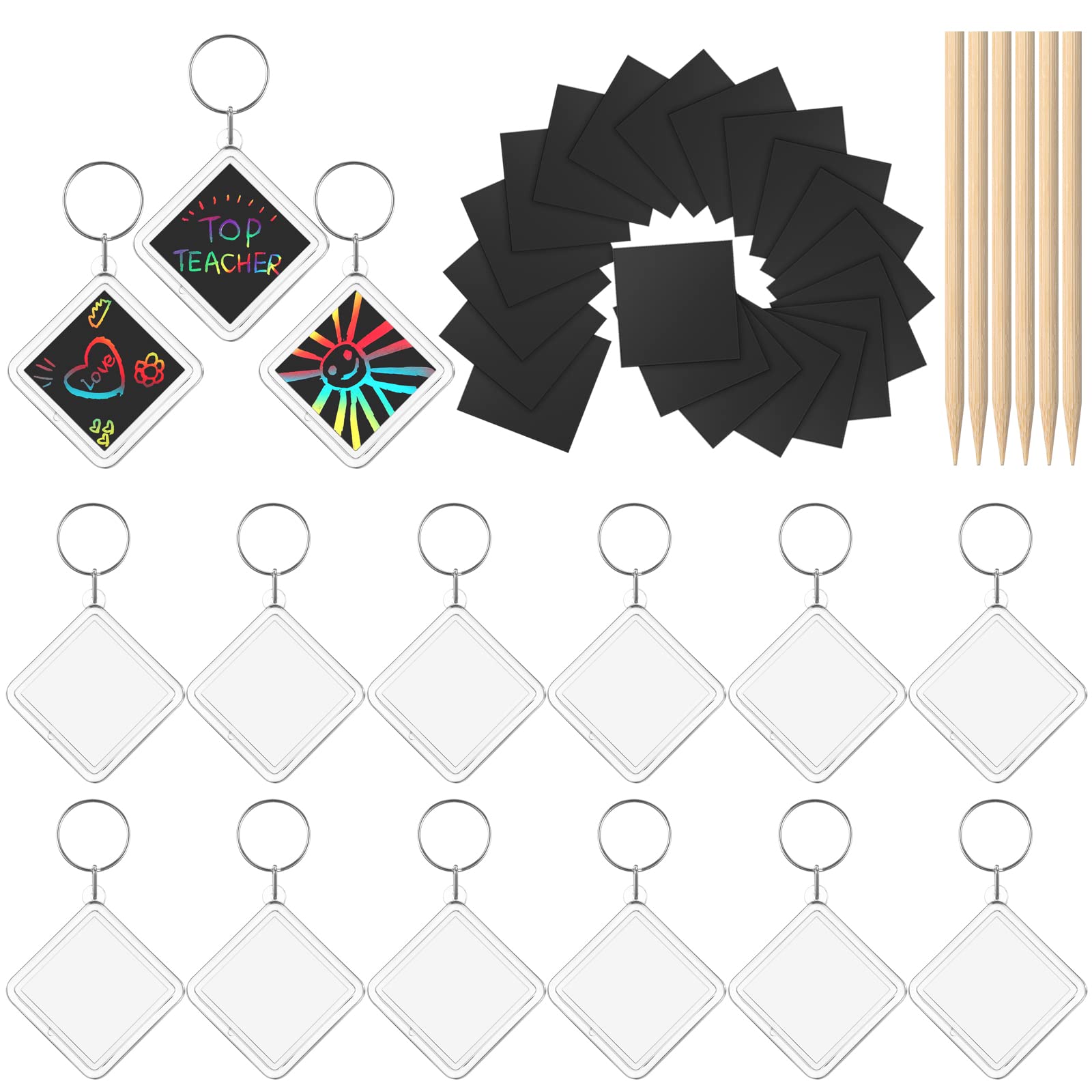 Tenare 41 Pcs Set de Porte-Clés à Gratter Porte-Clés de Grattage pour Enfants Porte-Clés en Acrylique Papiers Arc-en-Ciel Artisanat et Arts pour Remplisseurs de Sacs de Fête