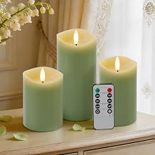 Green Flameless Candles with Remote and Timer, Real Wax Made LED Pillar Candles Battery Operated with 3D Flickering Flame Melted Edge, 3" x 4",5",6", Set of 3 Pastel Green