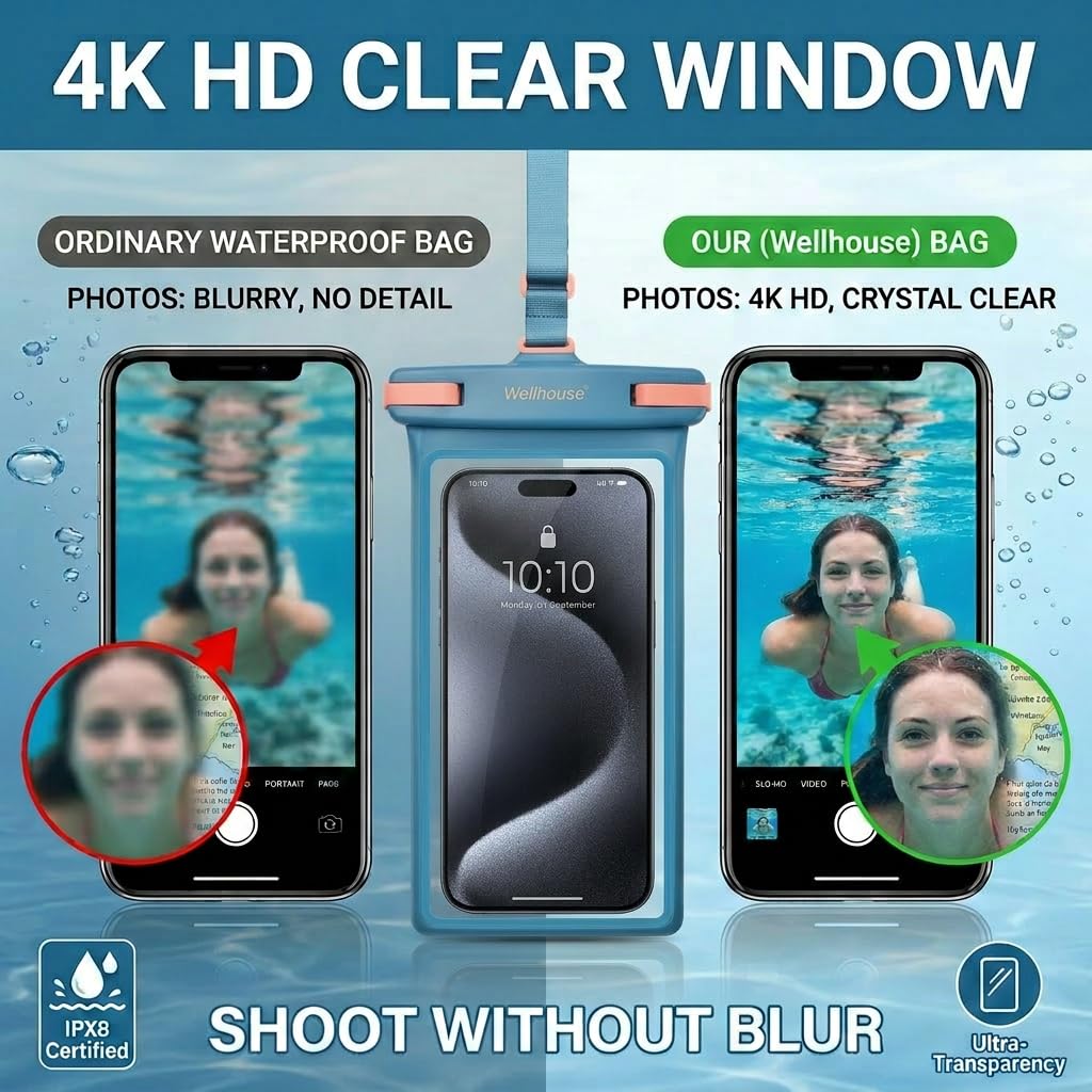 wellhouse custodia impermeabile smartphone universale con laccio IP8X per immersioni all'aperto spiaggia subacquea fino a 7,0 custodia subacquea 3D HD TPU antipolvere custodia impermeabile (Blu)