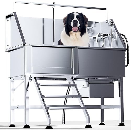 46" Stainless Steel Dog Washing Station, Professional Grooming Bathtub for Large, Medium & Small Pet, Height Adjustable Pet Grooming Table w/Adjustable Sprayer & Drain Hose(Left Stairs)