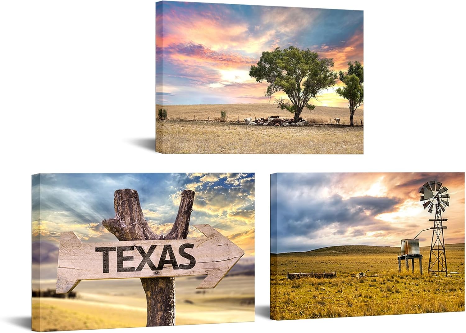 Conipit Texas Landscape Canvas Wall Art Farm Landscape Prints Farmhouse Windmill Tree Pictures Painting Framed For Living Room Bedroom Wall Decor 16''x24''x3pcs