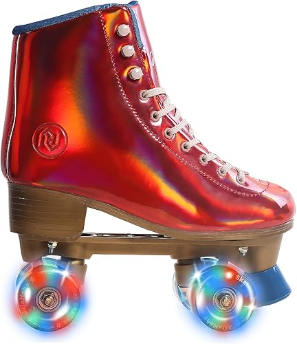 Miniatura 5 de JajaHoho Patines de ruedas para mujer, clásicos holográficos de caña alta, patines brillantes de doble fila azules con cuatro ruedas para niñas,