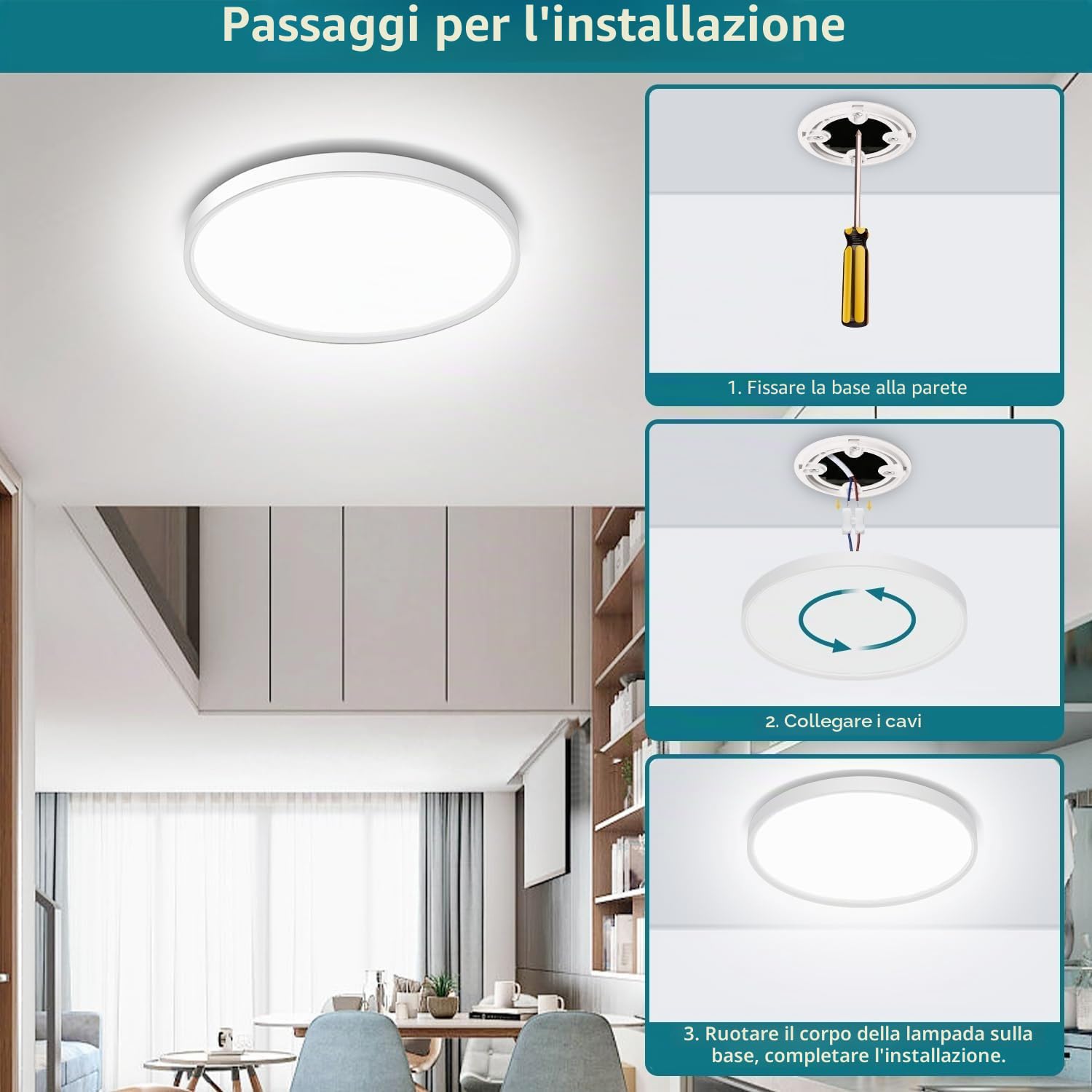 Ouyulong Plafoniera a LED, 18W, 1620lm, 6500K, lampada a LED, lampada bianca IP44, plafoniera rotonda da 23cm, per camera da letto, bagno, soggiorno, cucina, ufficio (2Pcs)