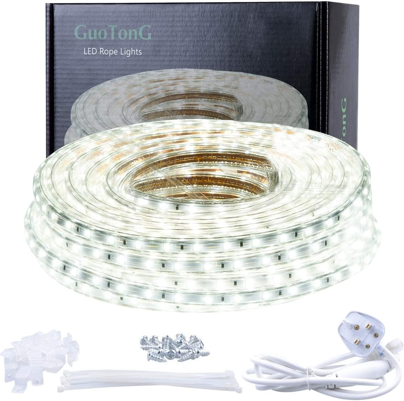 50ft/15m LED Light Strip kit,Waterproof, 6000K Daylight White,220V 2 Wire, Flexible, 900 Units SMD 2835 LEDs,UL Listed Power Supply,Indoor/Outdoor Use, Ideal for Backyards, Decorative