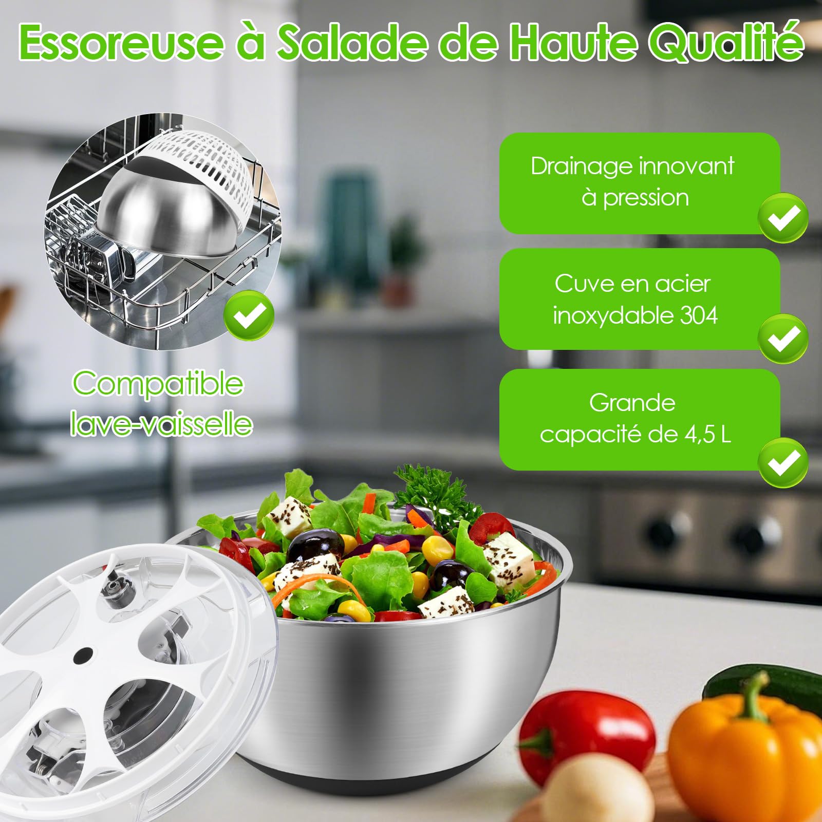 Essoreuse à Salade 4,5L en Acier Inoxydable Grande, Panier a Salade avec Couvercle, Base Antidérapante, Salad Spinner pour Laver et égoutter Les Salades, égoutter Les Pâtes, etc.