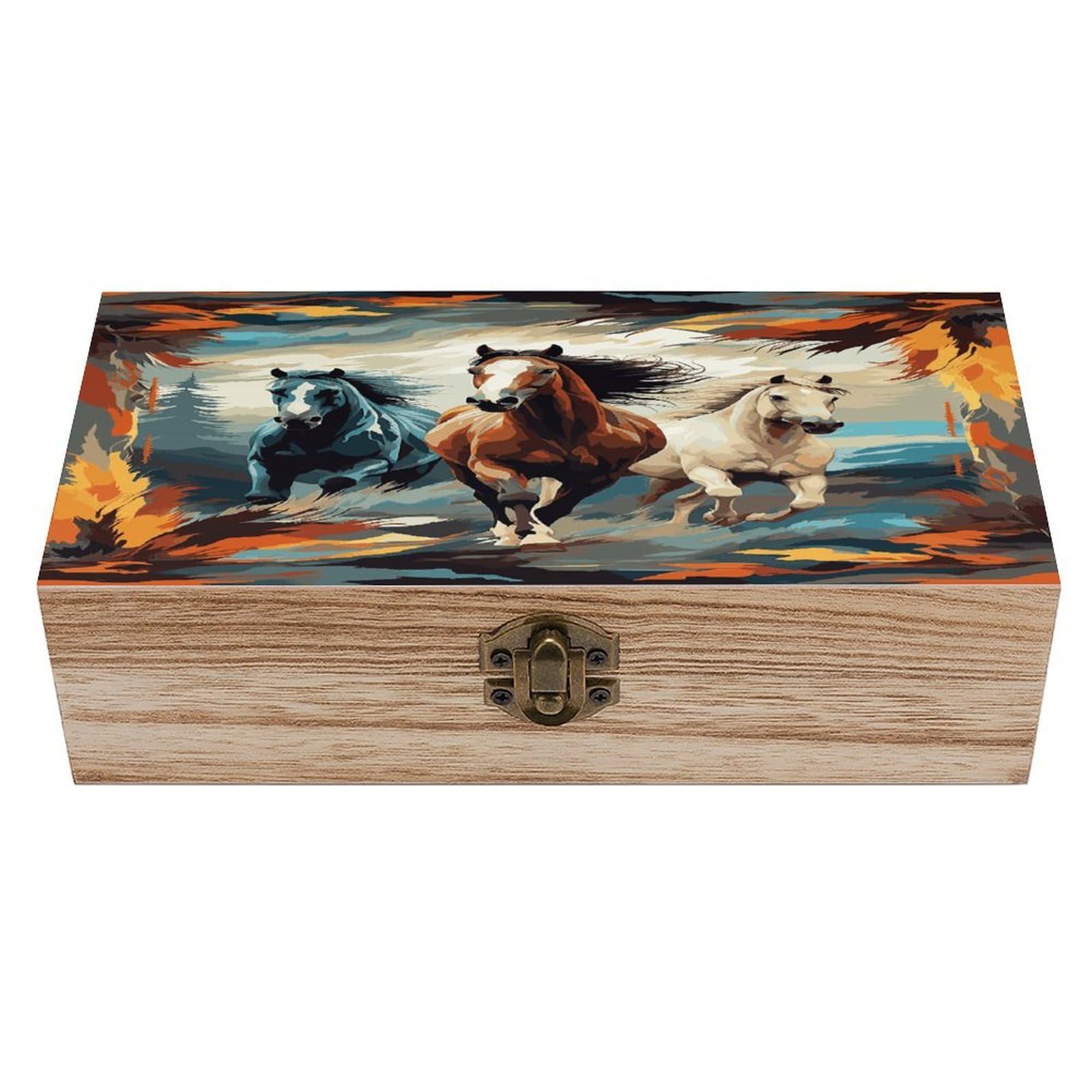 Btcowzrv Style A Pattern With Horses As A Background Wooden Storage Box, Keepsake Box With Hinged And Retro Lock, Wood Jewelry Organizer For Photos & Mementos And Home Decor
