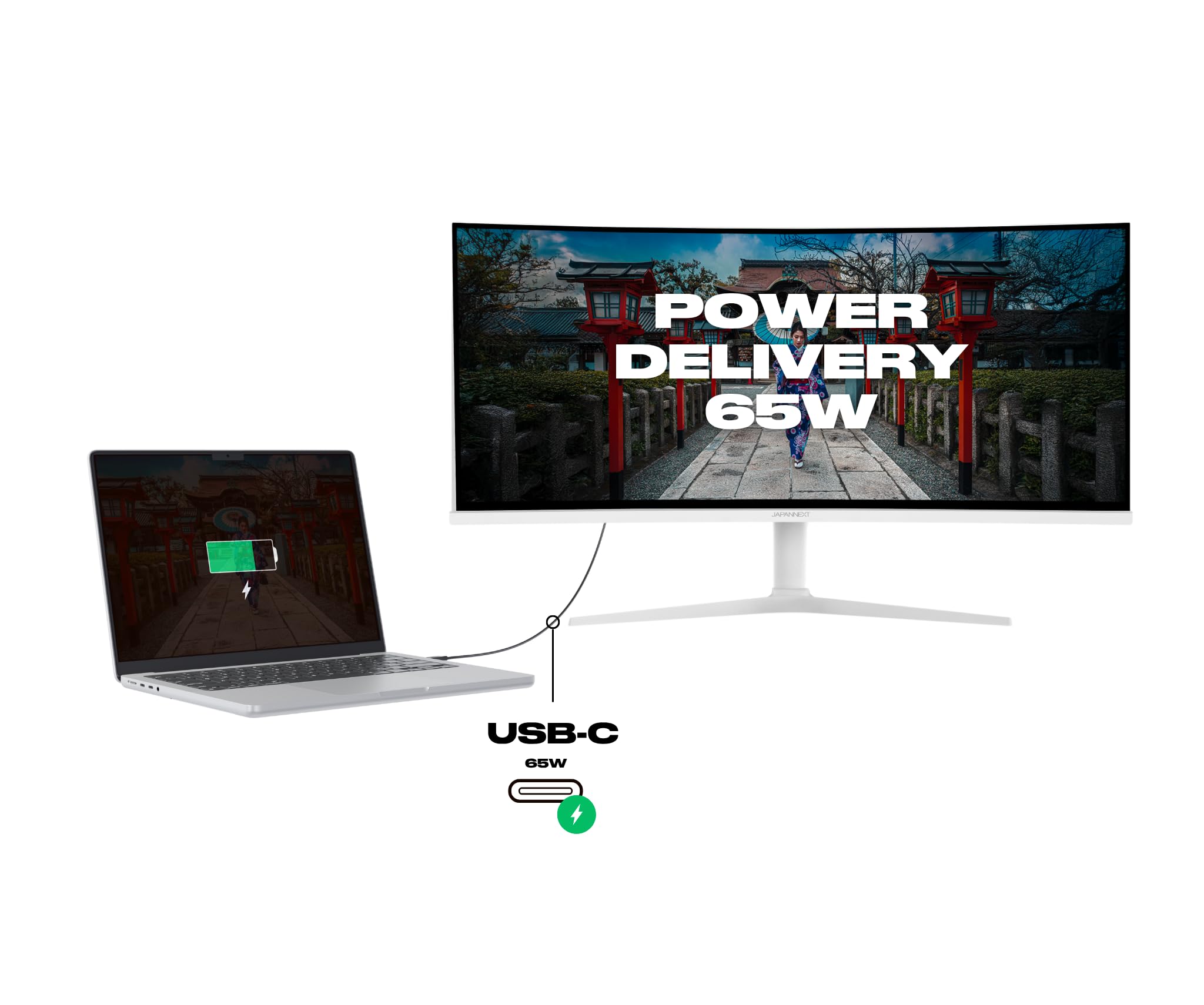 JapanNext Monitor Curvo Blanco 34" IPS UWQHD (3440x1440) | HDR & KVM | Carga vía USB-C (65W) Altura Ajustable Altavoces Integrados | G-Sync/FreeSync | JN-IPS34Q-HC6-W