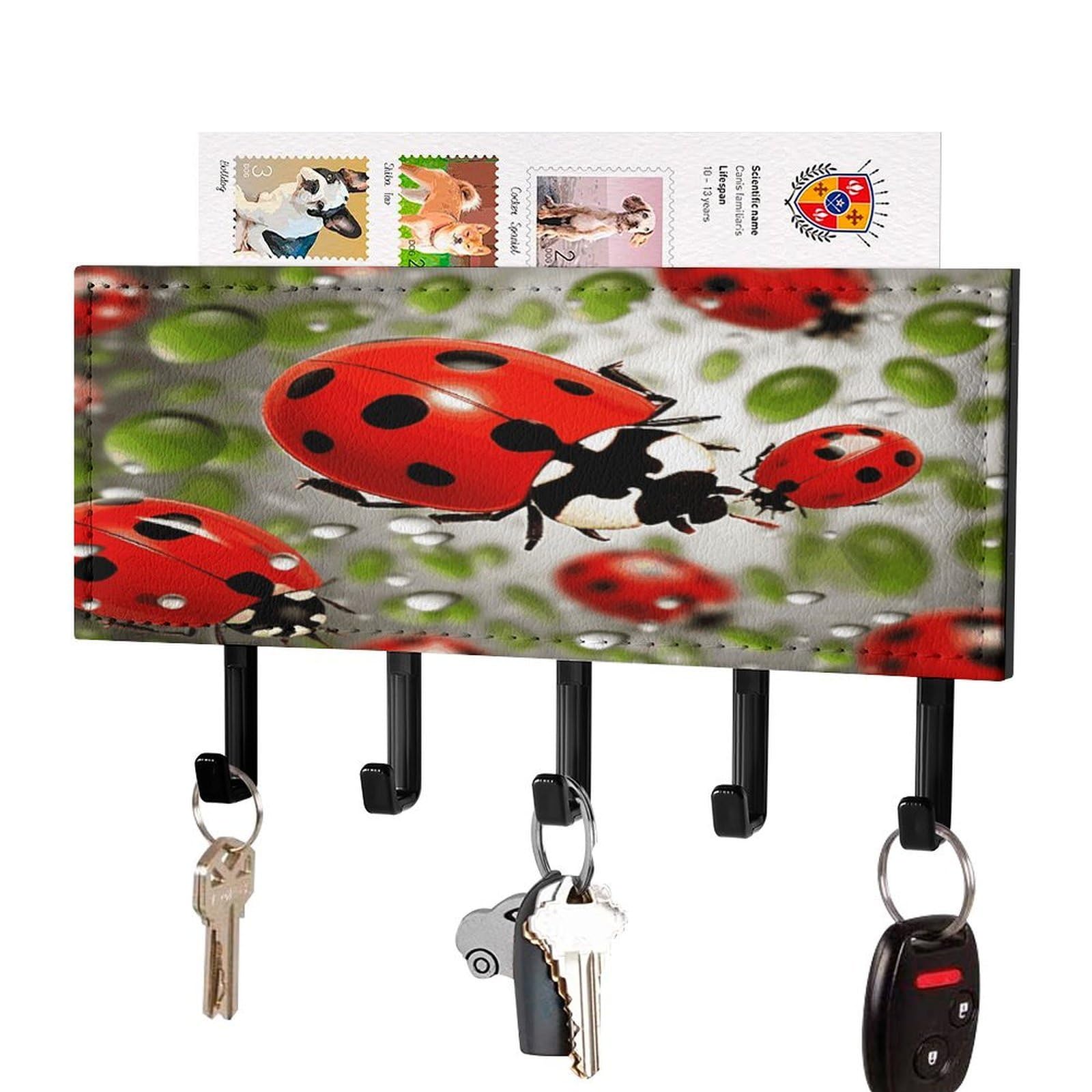 FekiLoot Ladybug Key Holder for Wall Decorative Mail Organizer with 5 Key Hook Self Adhesive Key Rack with Tray Coat Rack Wall Mount Key Hanger Decor for Entryway Door