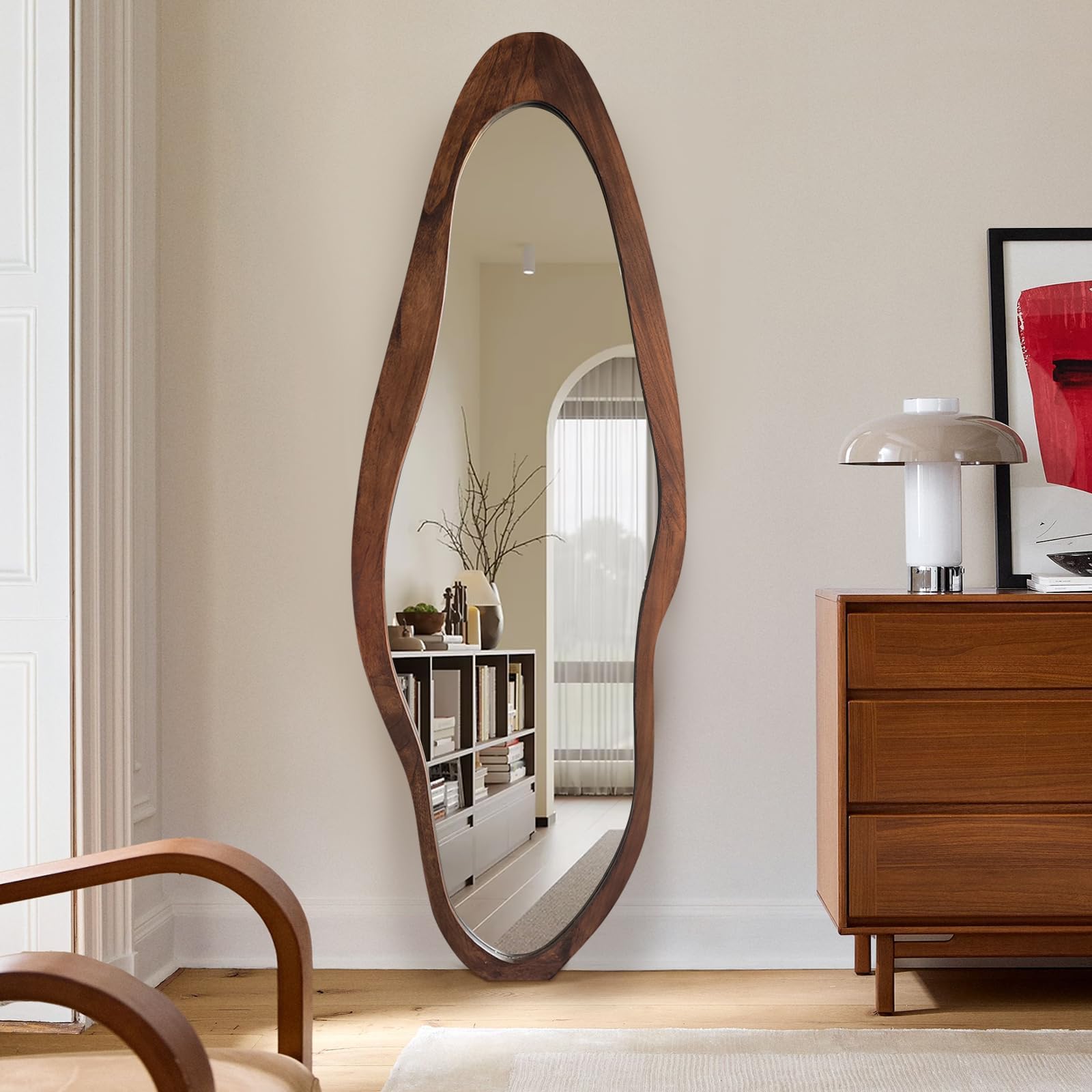Photo 1 of TheiaMo Irregular Full Length Mirror, 67"x24" Wood Floor Mirror, Large Asymmetrical Wall Mirrors for Living Room Entryway Bedroom, Cloakroom, Horizontal/Vertical, Woodgrain Brown