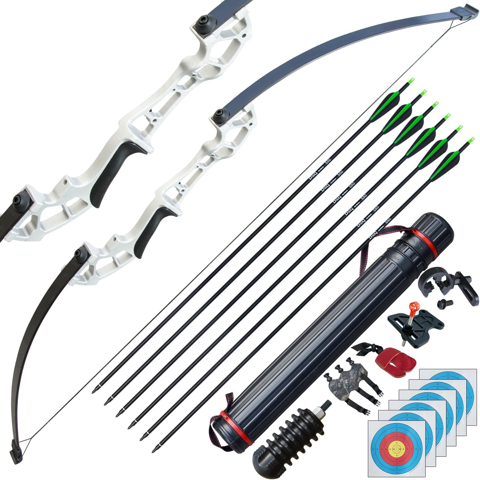 D&Q Archery Set Adult Bow and Arrow Set Adult Takedown Recurve Bow Hunting Bow Target Practice Competition Survival Longbow Right Hand 50" 30lbs, 40lbs with 6pcs Mixed Carbon Arrow