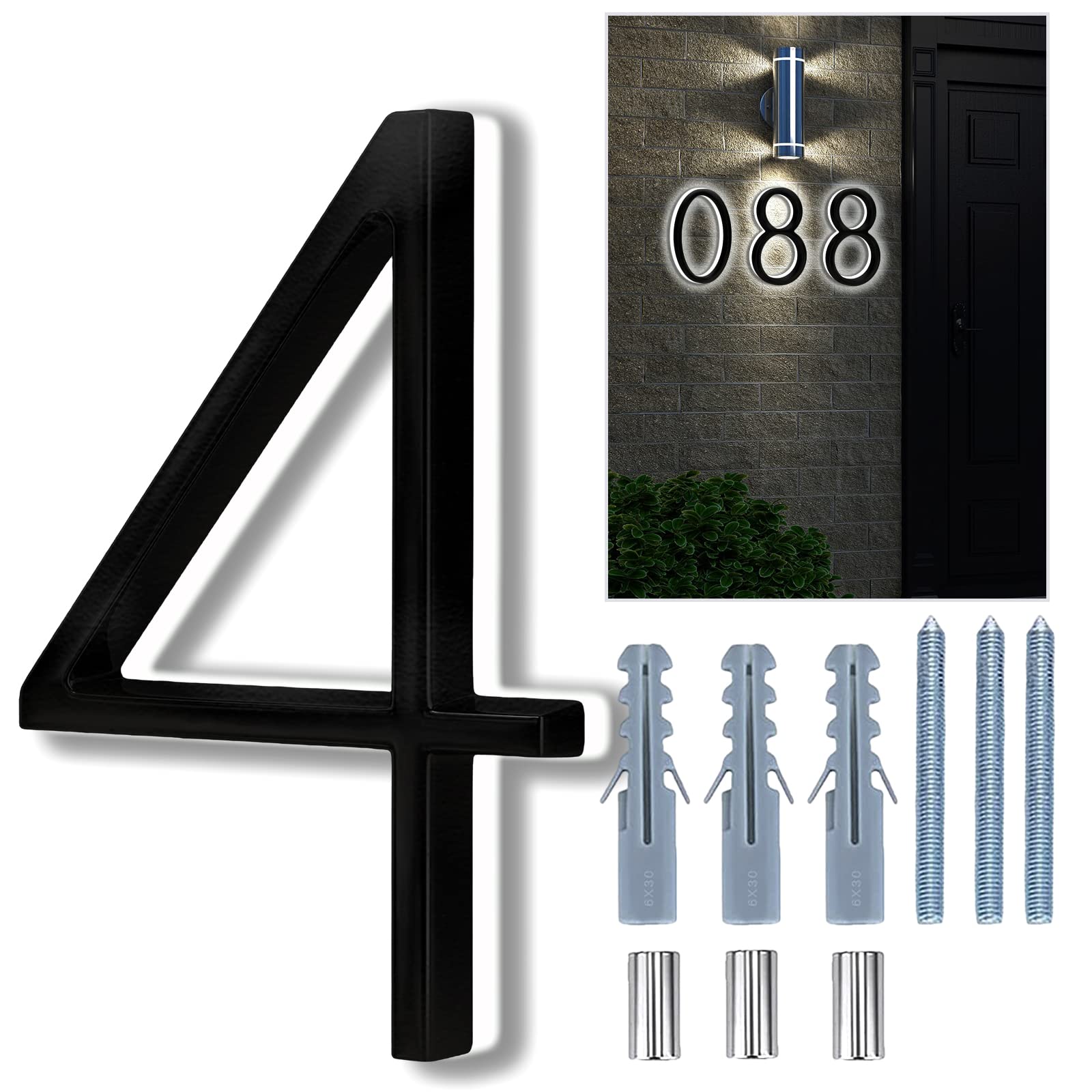 Backlit LED Home Address Numbers, 8 Inch House Numbers, Stainless Steel Hand-Polished Waterproof for House Address Signs, Lighted House Numbers for Outside Modern, Low-Voltage, Yard, Shop (4, Black)