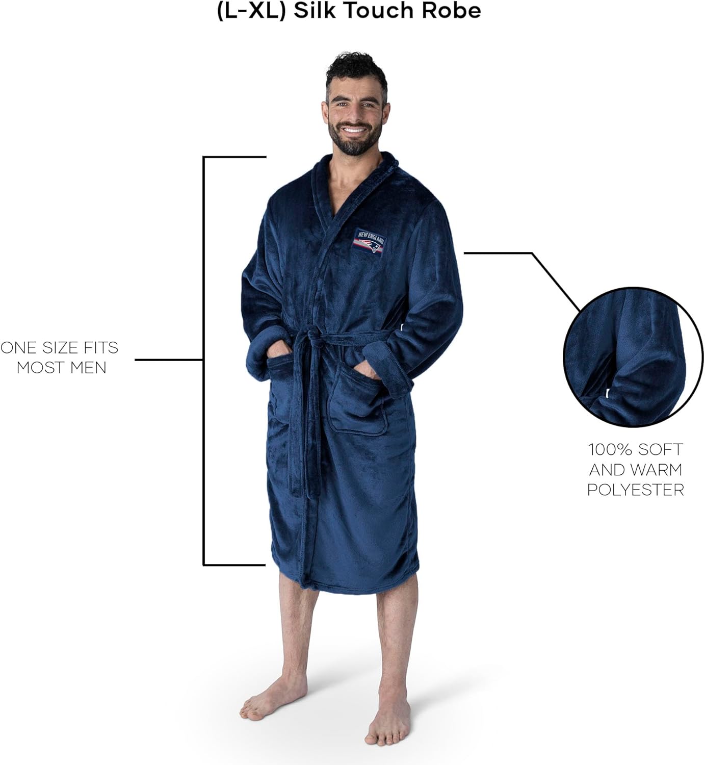 Northwest NFL New England Patriots Silk Touch Bath Robe, Large/X-Large, Rollout Navy - Image 5