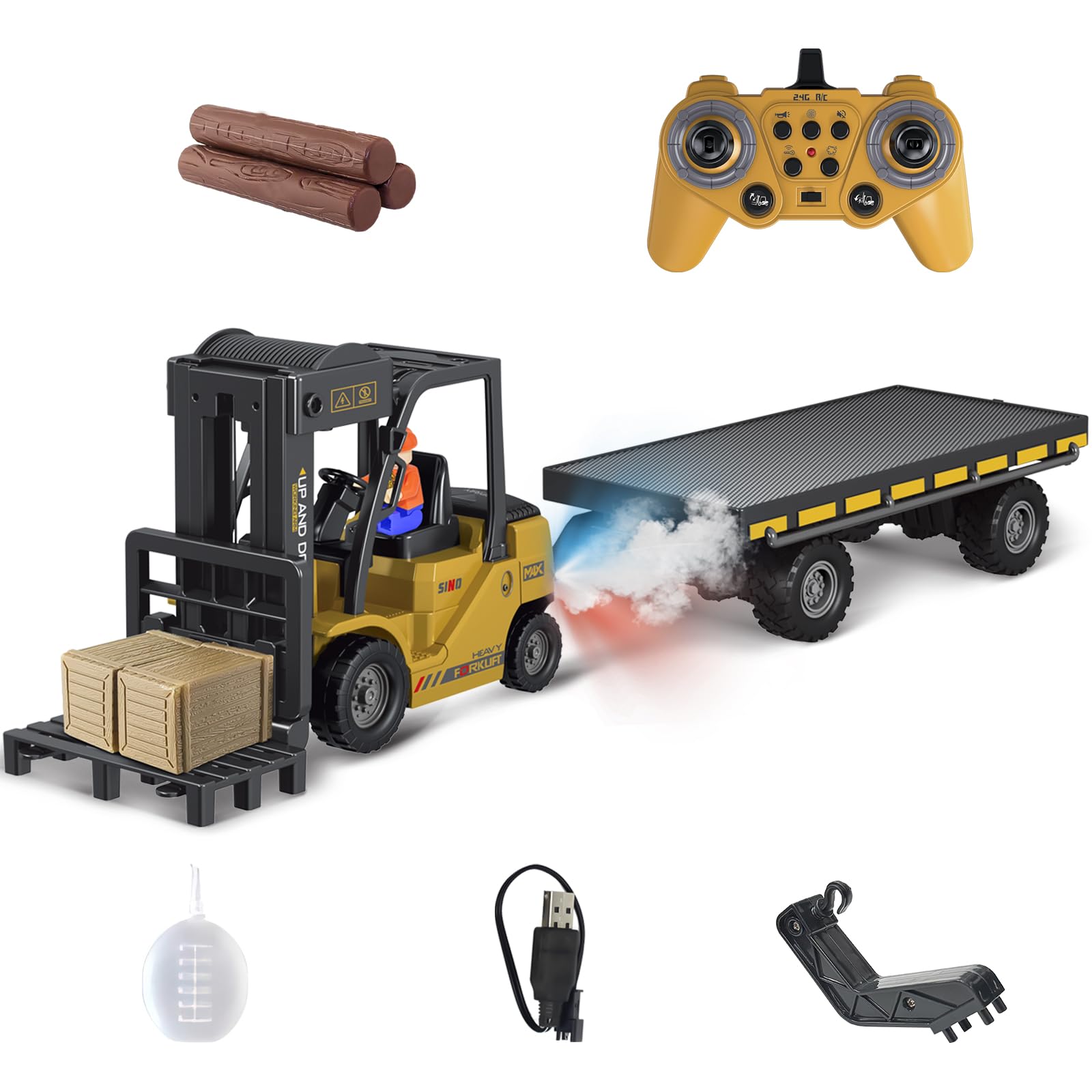 Mostop Carretilla elevadora RC con placa de soporte de construcción,Carretilla elevadora teledirigida 1/24 con cajas/sonido y spray de luz,Dos baterías recargables y cargador,Regalos para niños y