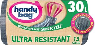 Handy Bag - Sacs poubelle à poignées coulissantes Ultra Résistant 30L x 15 sacs - Ultra Protection : trame et film triple ...