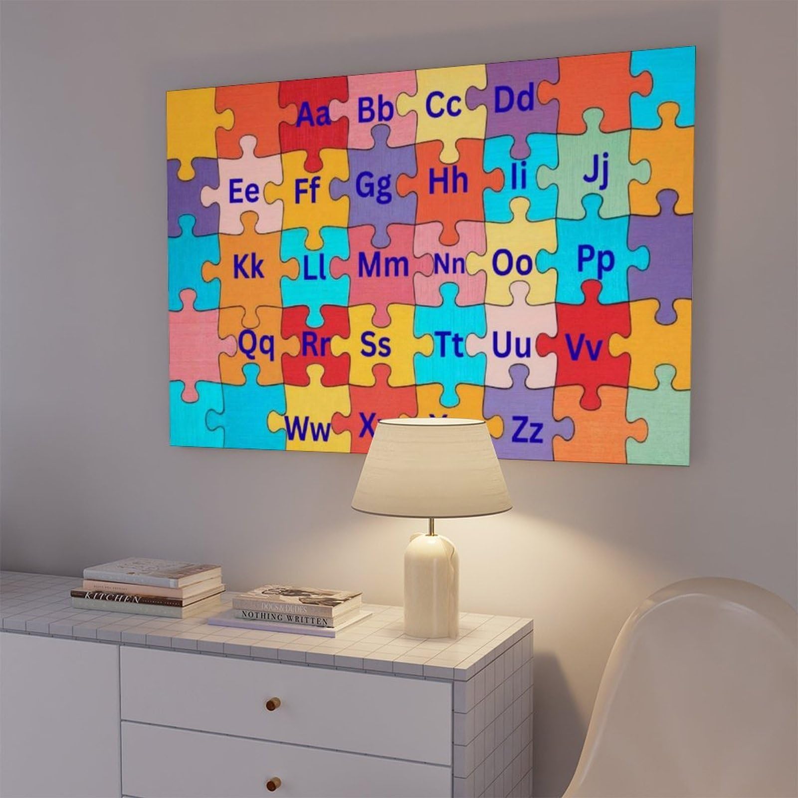 Décoration éducative en forme de lettres de l'alphabet pour enfants dans un puzzle - Poster sur toile - Décoration de chambre à coucher, bureau, chambre - Cadeau - 40 x 60 cm
