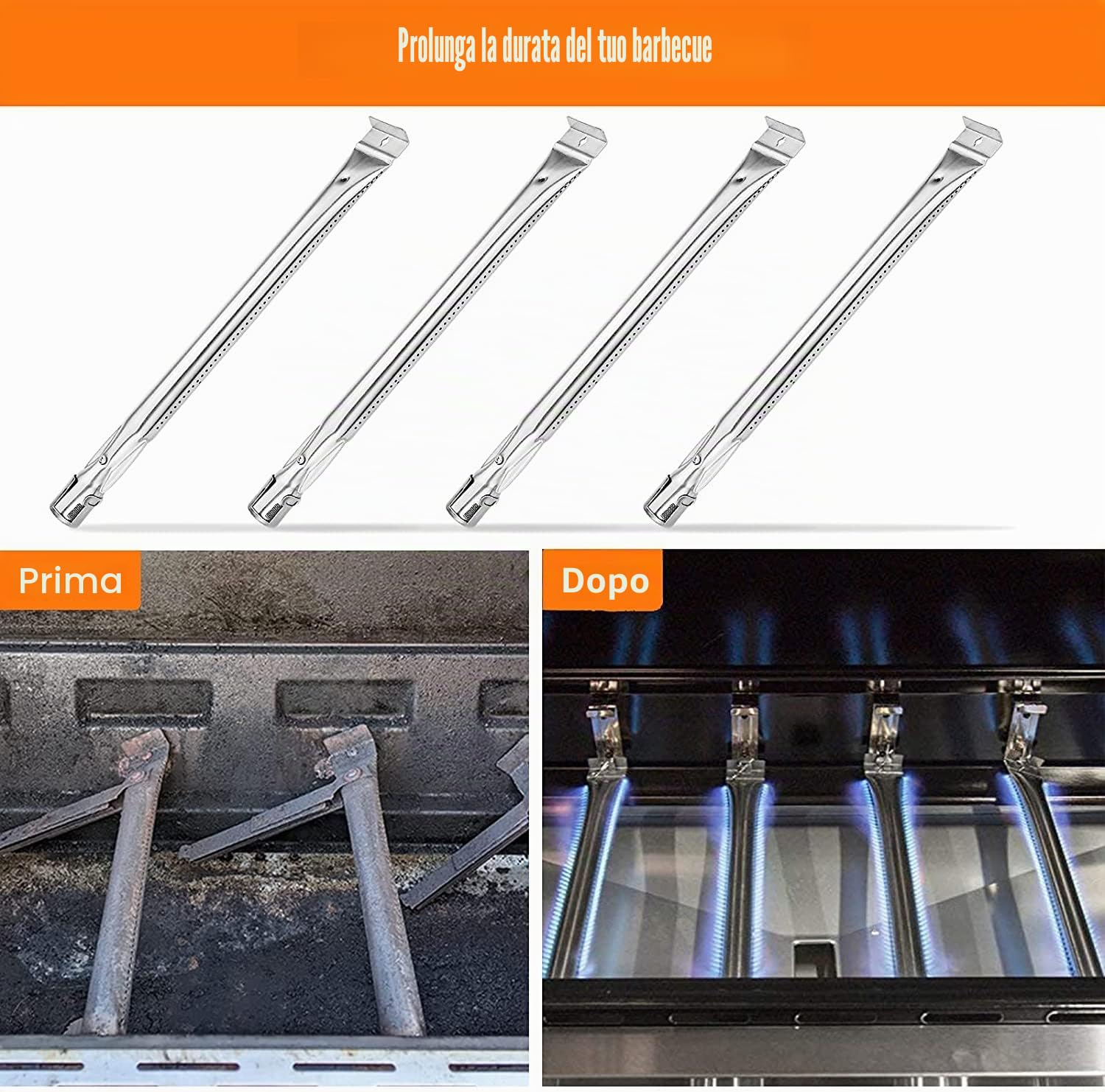 GFTIME Bar.B.Q.S Bruciatore di ricambio in acciaio inox 11631 (confezione da 4) per Grill Chef, Kenmore Sears, K Mart, Lowes Model Grills.