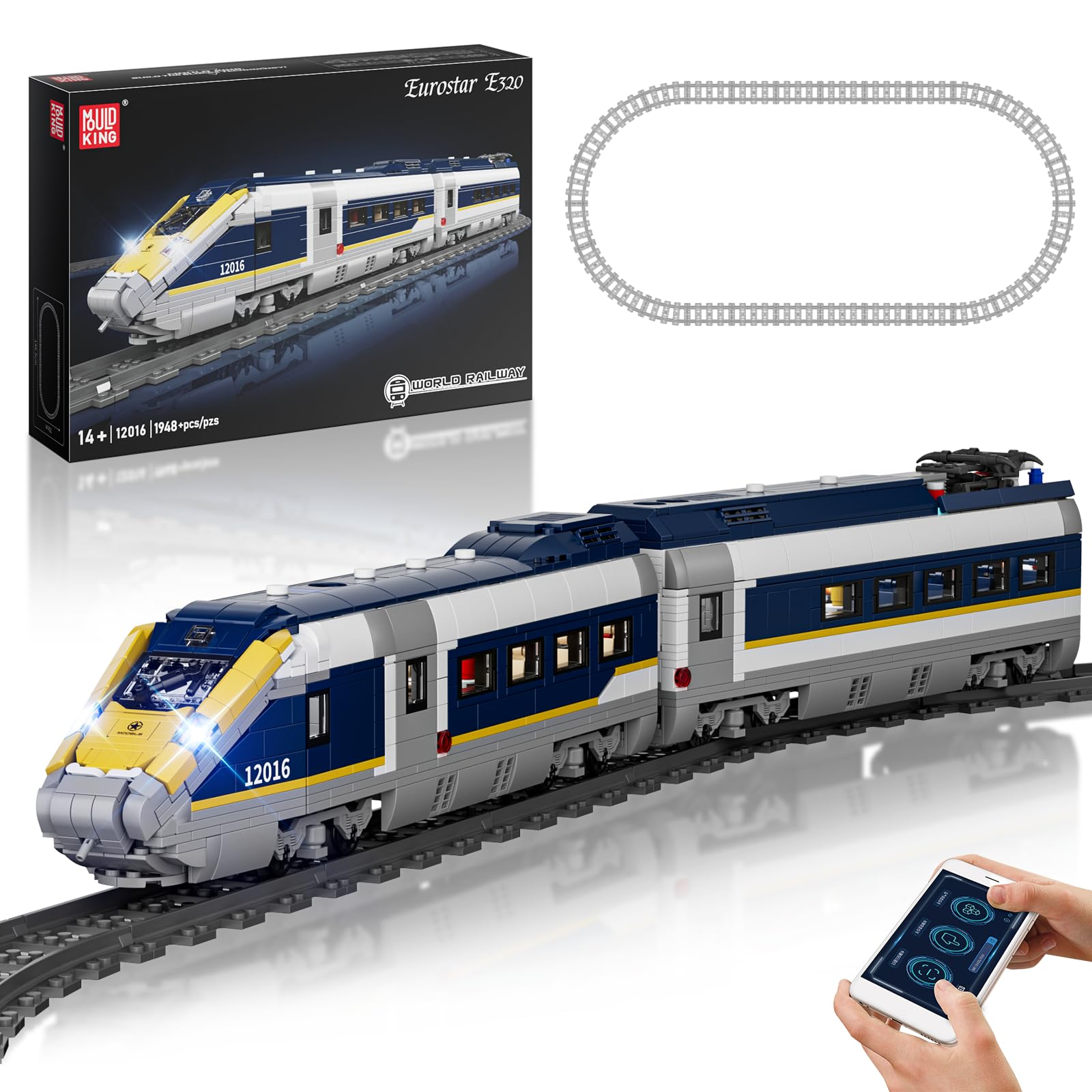 Mould King 12016 Technik Ferngesteuertes Zug Modellbausatz E320 Klemmbausteine Zug Eisenbahn Bausteine Personenzug mit LED Licht Kompatibel mit Andere Marken(1948 Teile)