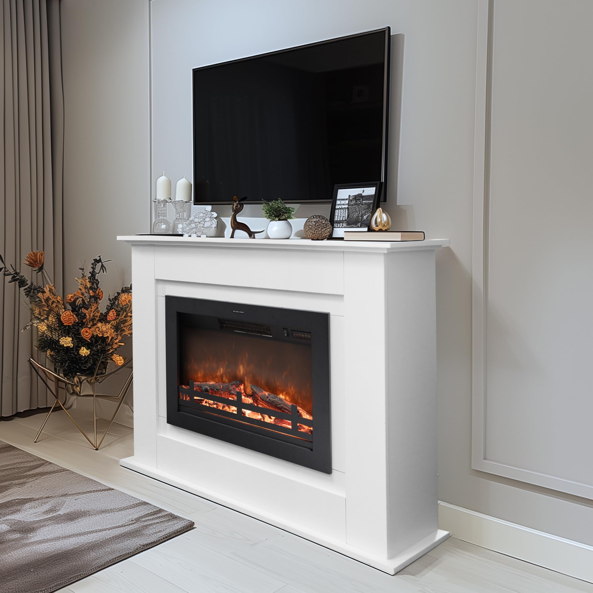 100cm Camino elettrico con mantello, Firebox circostante in legno, indipendente, luminosità della fiamma regolabile, bianco avorio, set di 2