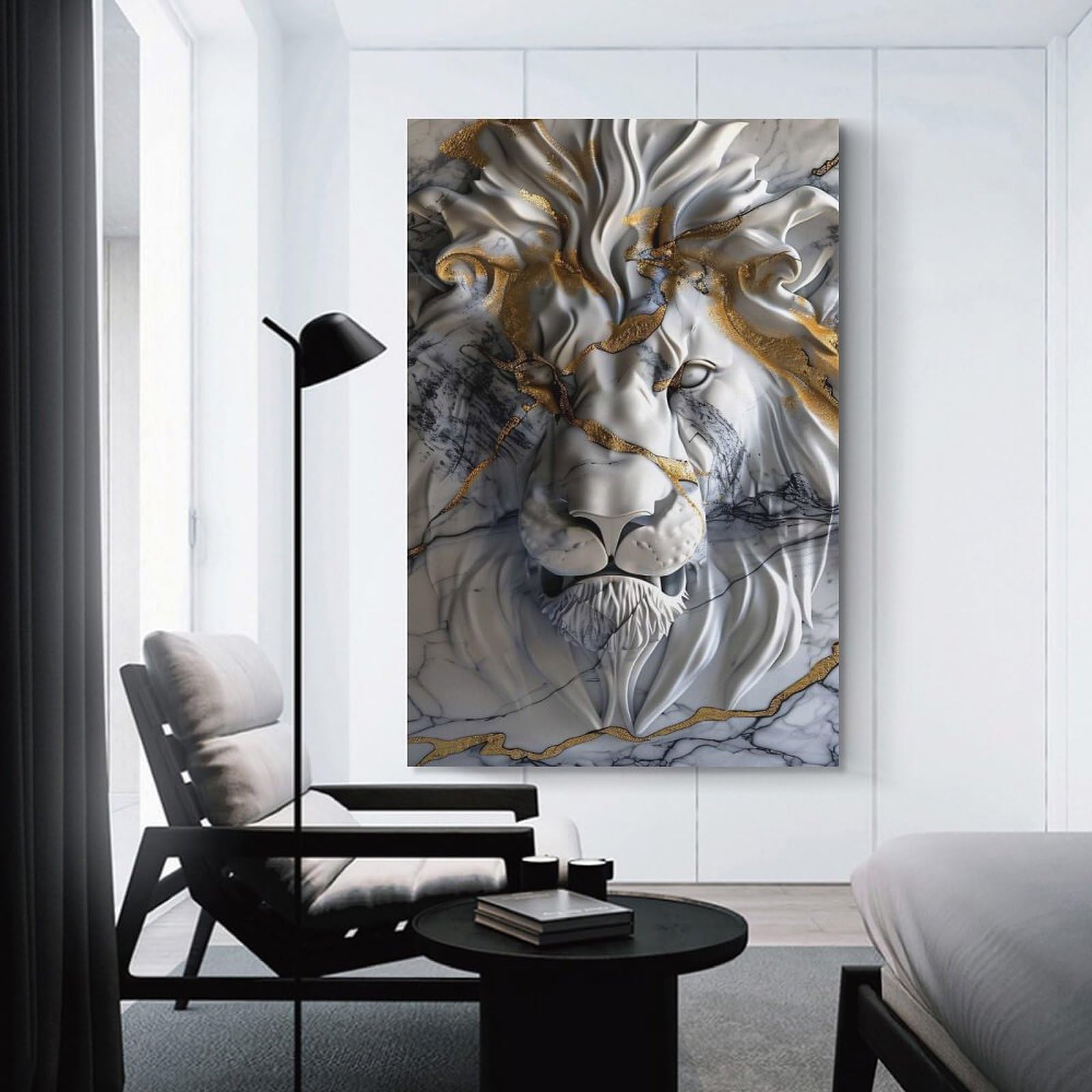Junmoney Marble Lion Head with Gold Inlay Canvas Art Print 16x24inch(40x60cm), for Calm Bedrooms, Home Corners Or Flats, An Easy Wall Refresh for Bedrooms
