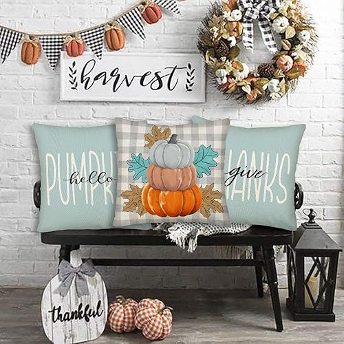 Miniatura 3 de Juego de 4 fundas de almohada de otoño de 22 x 22 pulgadas, diseño de búfalo con texto en inglés "Hello Pumpkin Give Though", a cuadros, decoración
