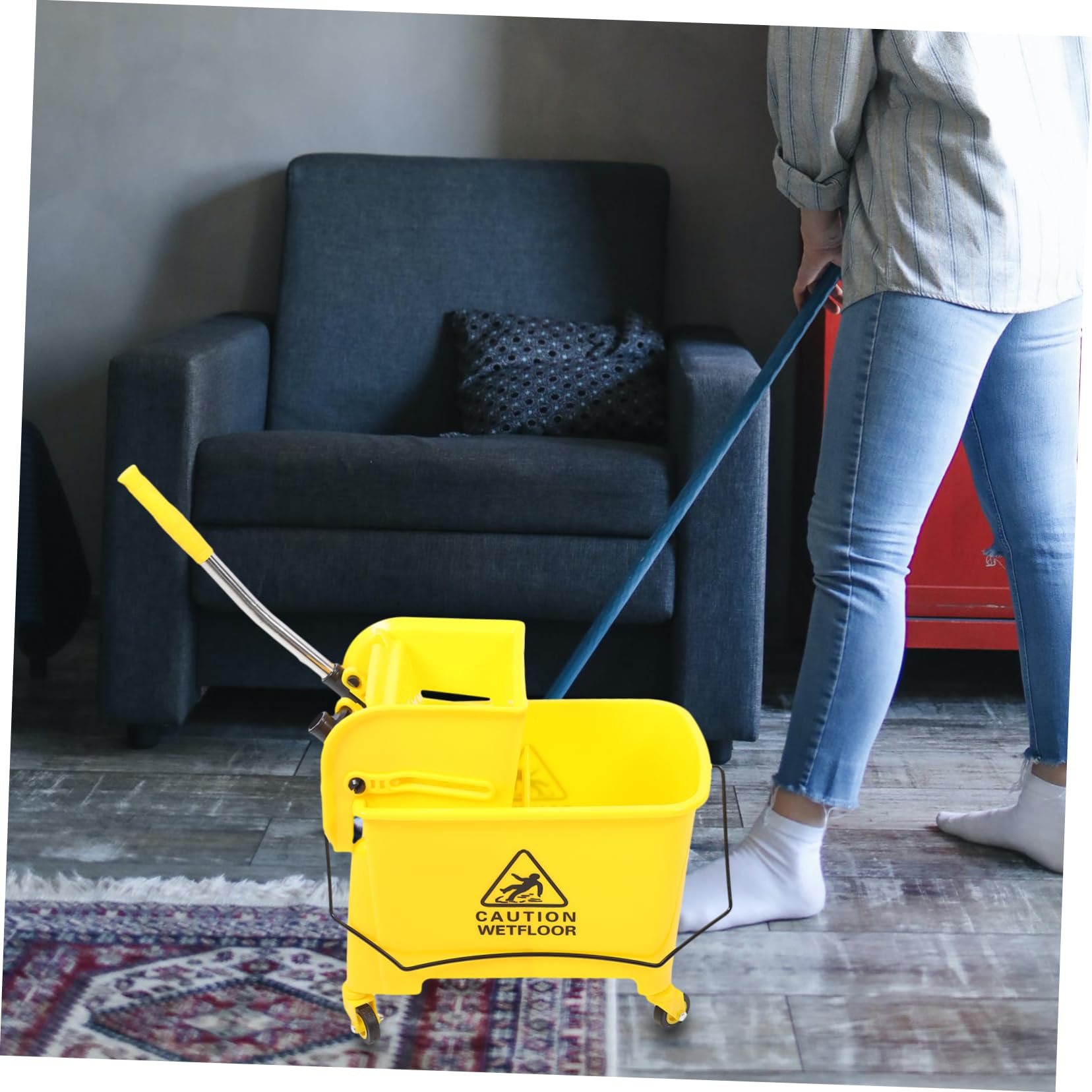 Mikikit Cubo de Fregona Comercial Ruedas 20l Plástico Prensa Lateral Movilidad Silenciosa Limpieza Hogar Industria Profesional Uso Seguridad Alta Color Aleatorio