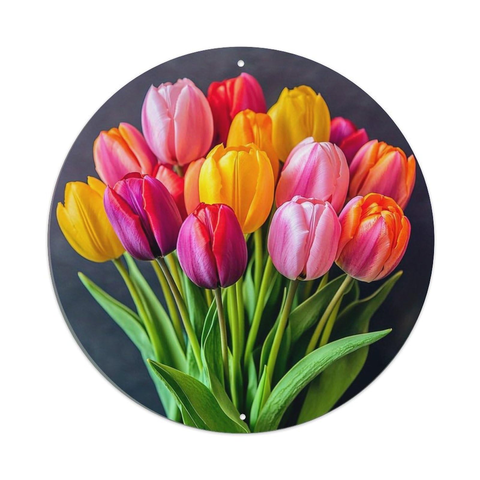 Jdyaojiesheng Vintage Colorful Tulip Bouquet Pattern Print Round Tin Sign Retro Metal Wall Decor Metal Poster, Home Bar Garage Farmhouse Cafe Wall Art Decoration 8X8inch