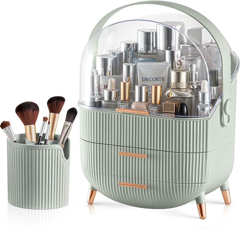 CANITORON Makeup Organizer with 2 Drawers and Brush Storage Box, Cosmetic Display Case for Vanity and Bathroom Countertop Storage (Sage Green)
