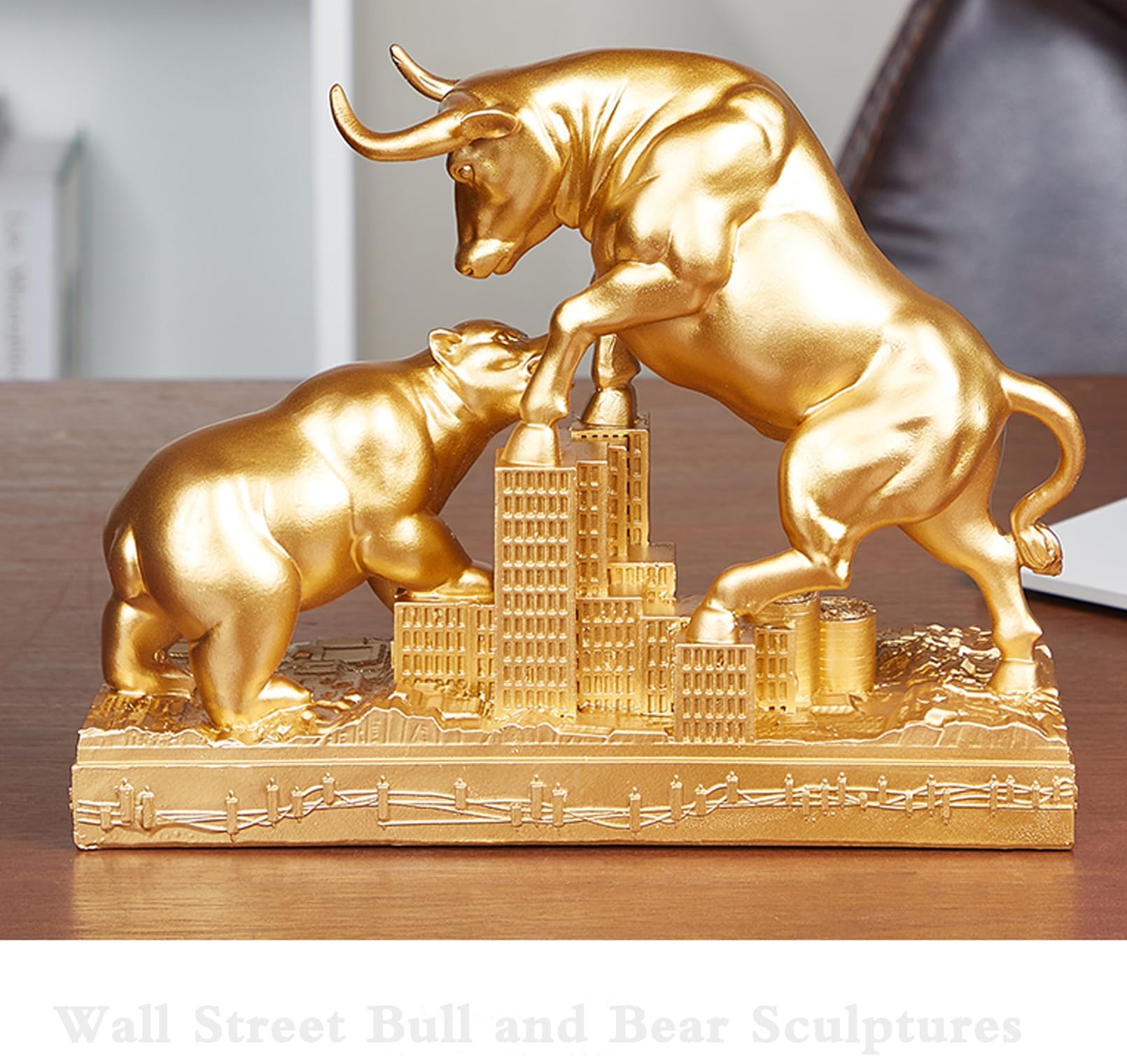 AETVRNI Bull and Bear Statue Wall Street Bull Statue - Ideal Stock Market Gift for Men Office Decoration Wall Street Bull Vs Bear Home Décor Stock Market,Gold