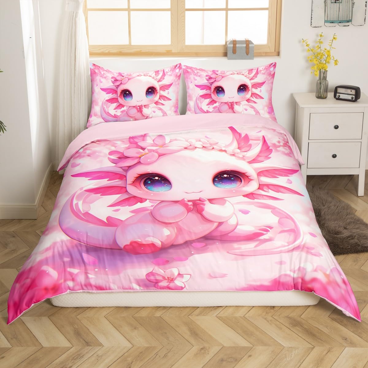 Homewish Kids Kawaii Axolotl Bedding Set Double Cartoon Sea Creature Comforter Cover Pink Cherry Blossoms Duvet Cover Wildlife Animals Reptile Bed Cover For Kids Girls Boys Bedroom Decor - Image 4