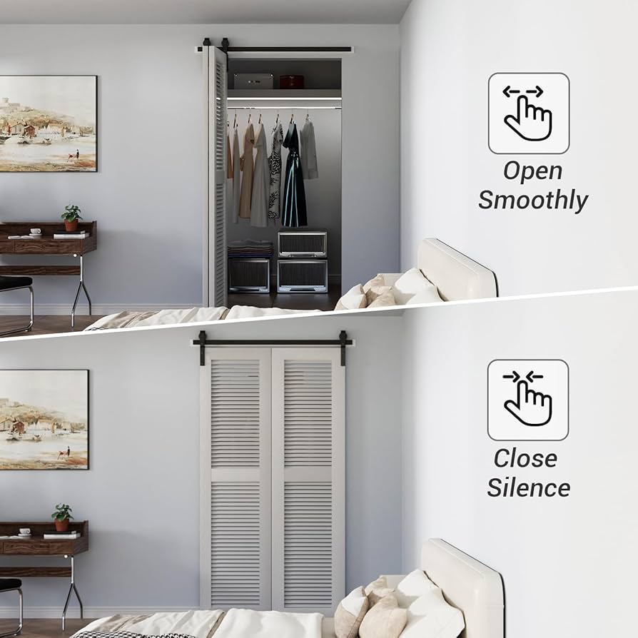 FINOSEN 76 Inch Bifold Barn Door Hardware Track Kit For Four 18 Inch Closet Doors,Top Mount Sliding System,Heavy Duty Roller,Smoothly And Quietly,Black(Bifold Door Not Included