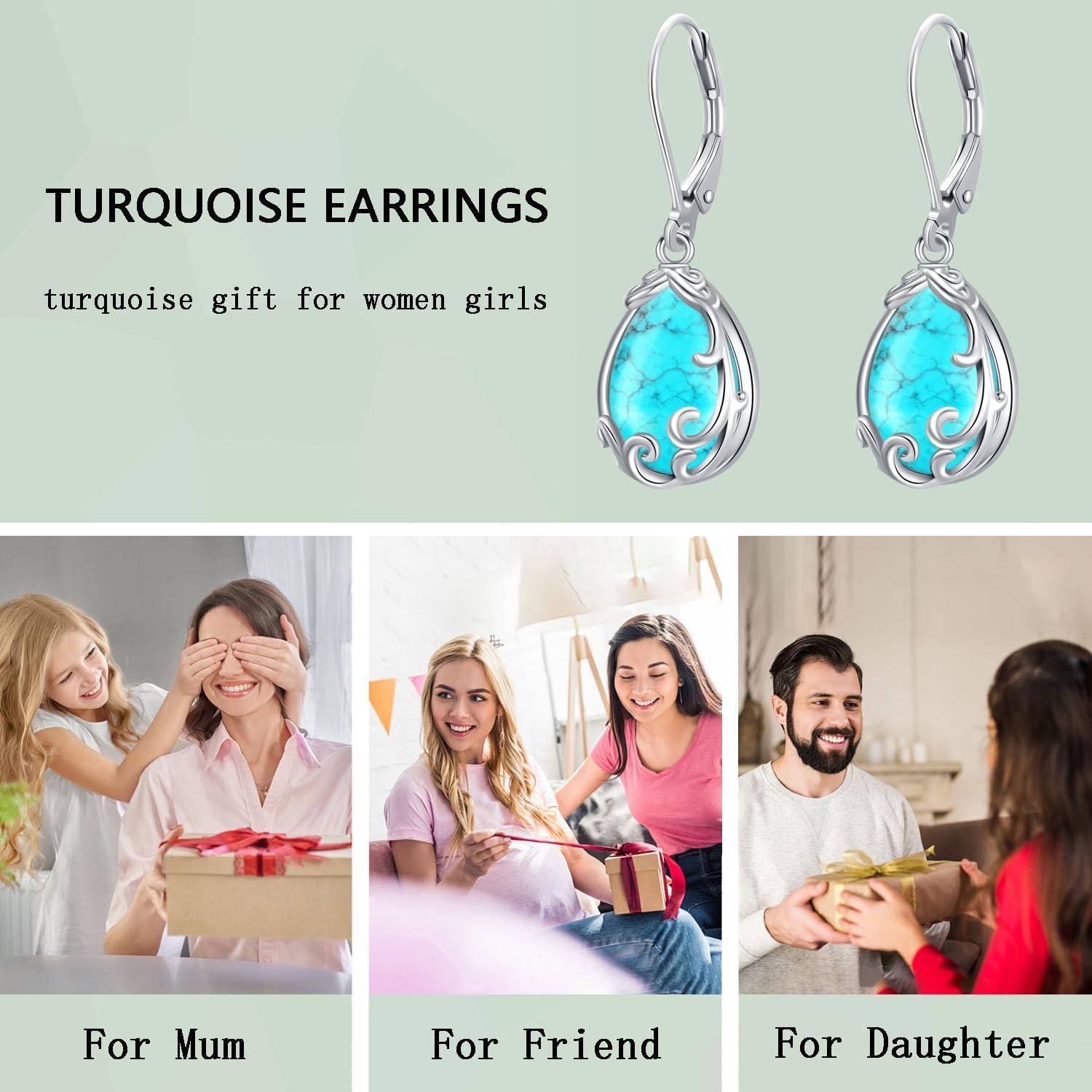 Odinstone Turquoise Filigree Teardrop Drop Dangle Earrings Sterling Silver Leverback Hypoallergenic Earrings Jewelry for Women