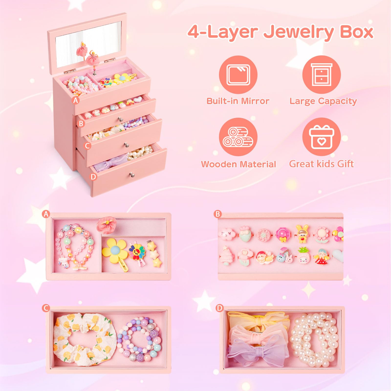 Musik-Schmuckkästchen für Mädchen aus Holz mit Ballerina & Spiegel, 4-lagige Schmuckaufbewahrung mit 3 Schubladen für Ringe, Armband & Halskette, Rosa Schmuckschatulle Geschenk