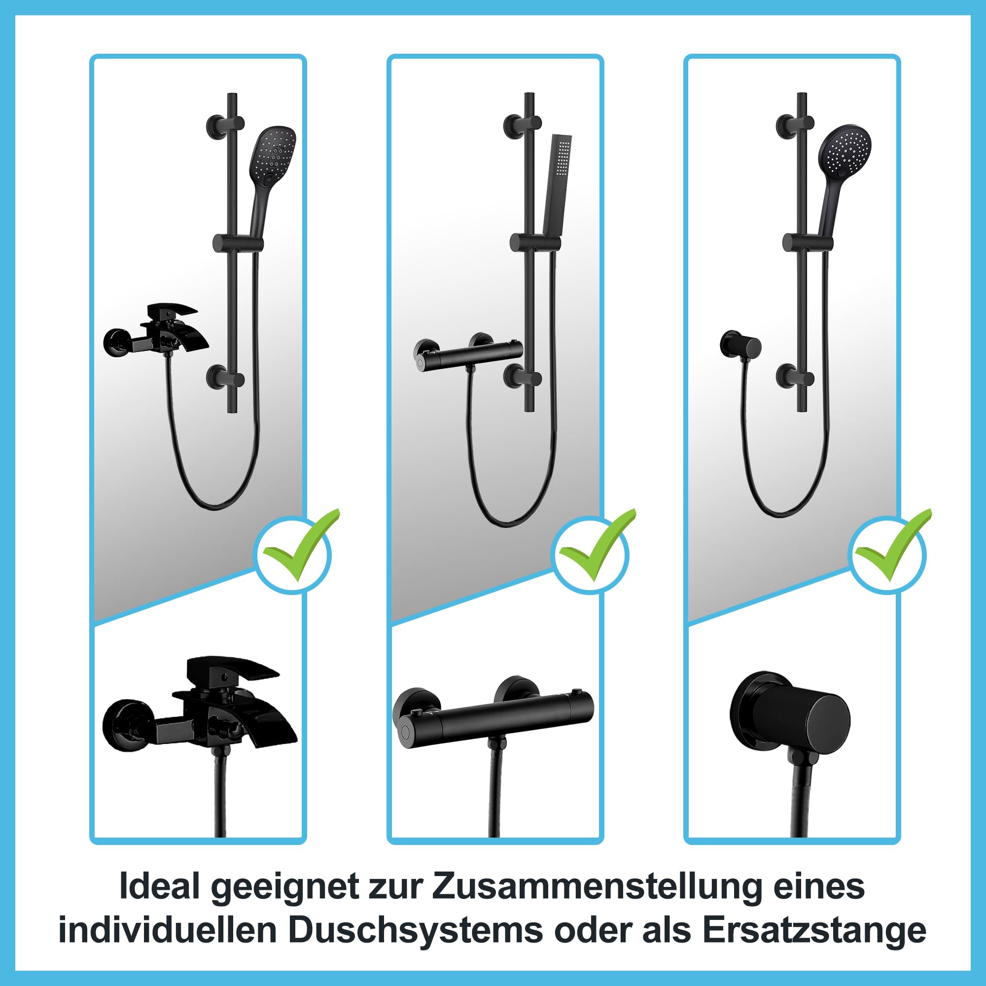 Görbach Barre de Douche Noir 70cm en Acier Inoxydable avec Support de Pommeau de Douche Réglable et Fixations Murales Variables pour S'adapter aux Trous de Perçage Existants