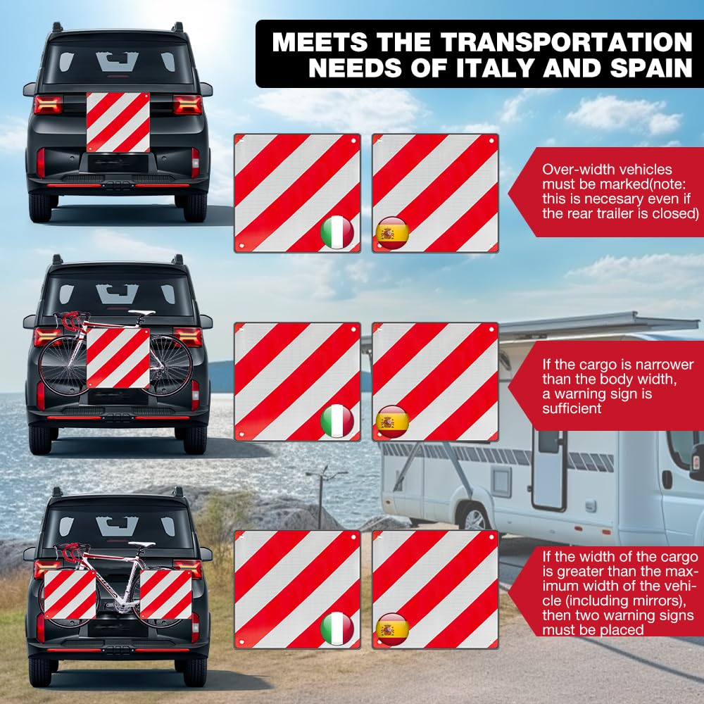 Panneau d'Avertissement Réfléchissant, 2 en 1 Panneau Avertissement Porte-Vélos 50x50cm Italie et Espagne avec 4 Nœuds de Corde pour Porte-vélos, Remorque Arrière, Voiture, Camping-car
