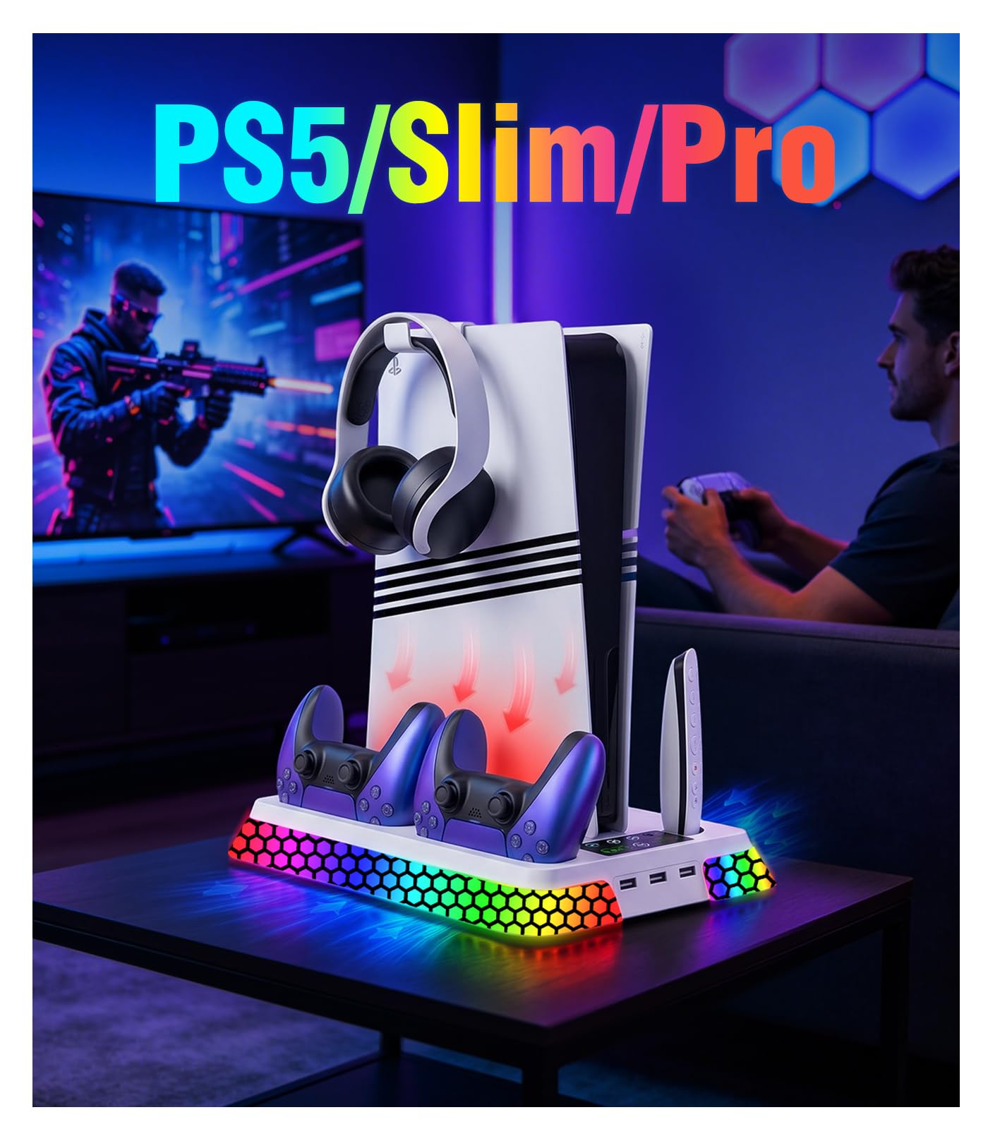 Cooling Station for PS5 Slim Pro,Vertical Stand with Adjustable Fan Charger | Gift for PS5 Long Gaming,3 Level Quiet Fan,Two Controller Charging,10 Colors Dynamic Mode,Headset Hook,USB Hub,Anti-Slip Base