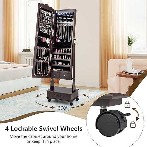 Miniatura 5 de COSTWAY Armario de joyería de 6 LED con ruedas organizador de almacenamiento de joyas con cerradura con espejo de longitud completa y 3 ángulos
