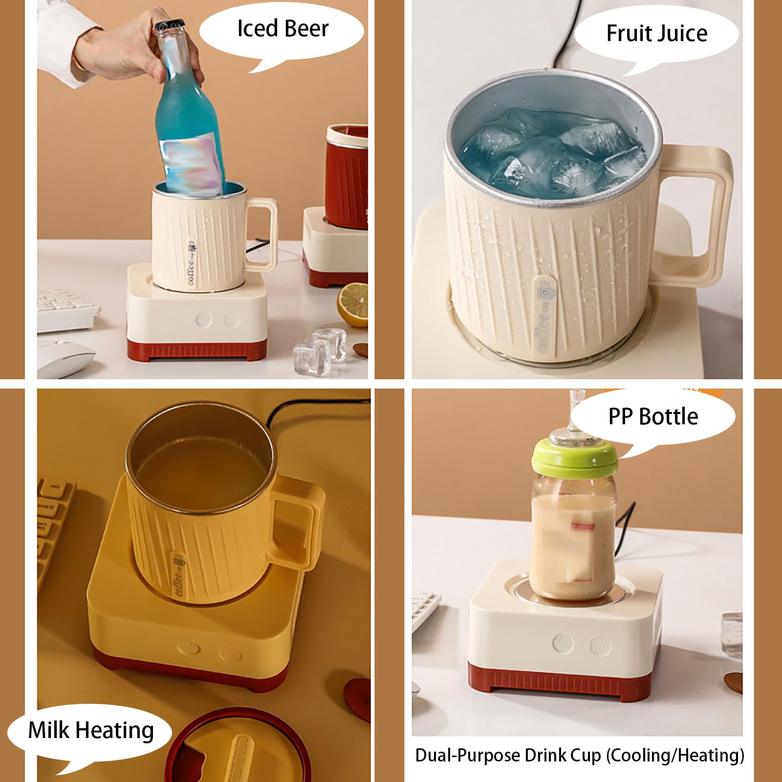 Calentador Y Enfriador De Tazas Eléctrico, Función De Calentamiento Y Enfriamiento Rápidos, Control De Temperatura para Bebidas De Escritorio, para Café Té Leche Zumo Y Cerveza,Beige Red-12.8cm