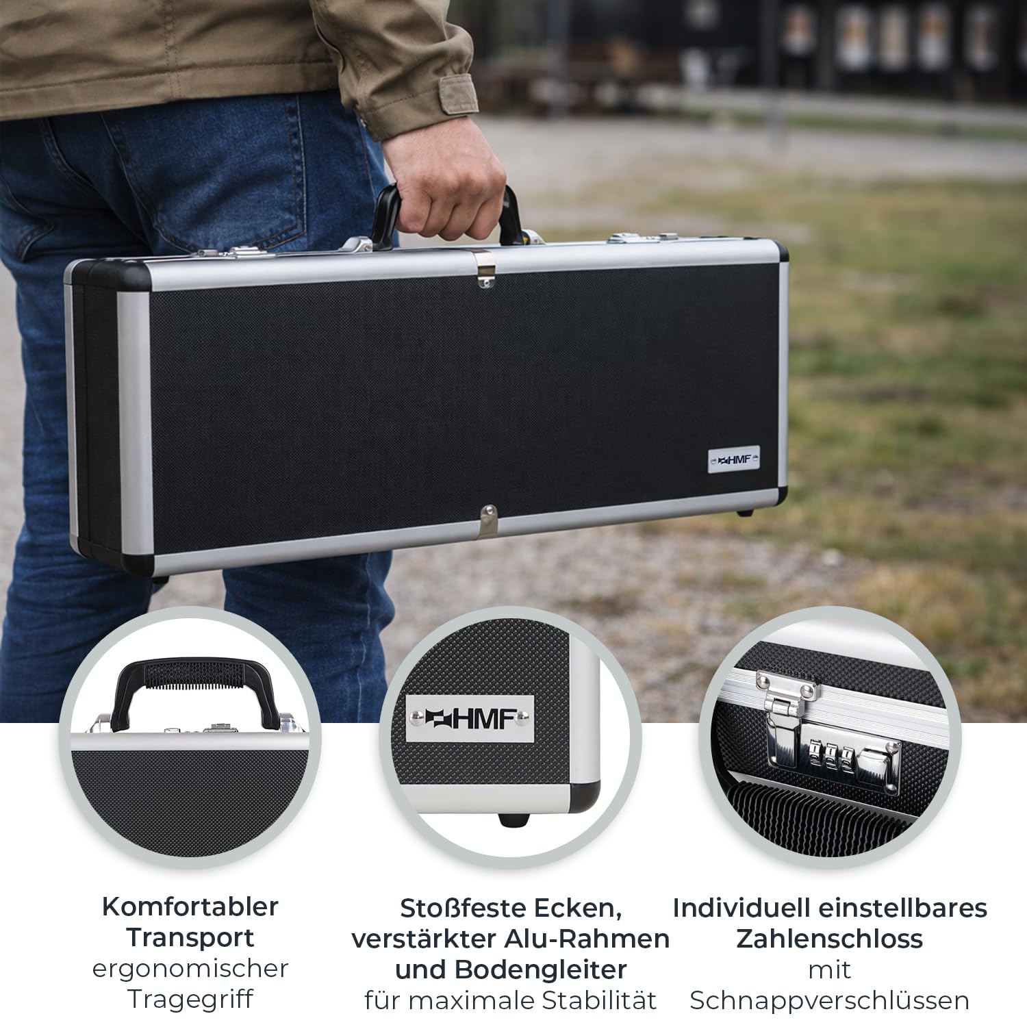 HMF 14433-02 Alu Waffenkoffer für Pistolen mit Zahlenschloss | 62 x 26 x 12 cm | Schwarz