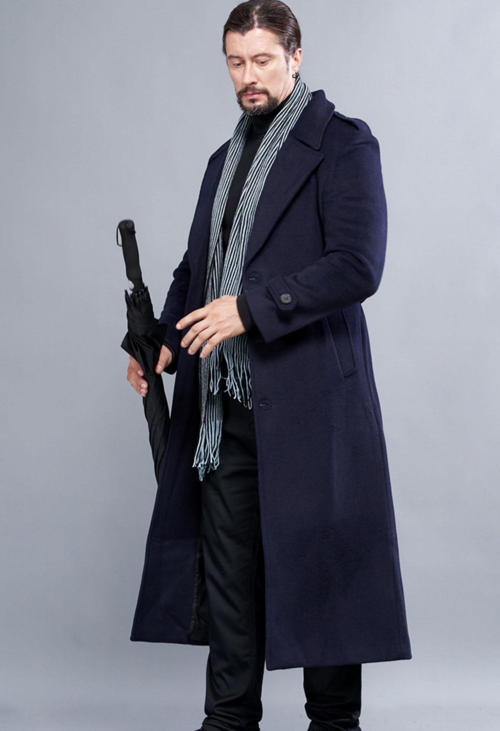 Trench Lungo da Uomo in Misto Lana, Monopetto, con Collo A Tacca, Stile Business, con Cintura,Dark Blue,L