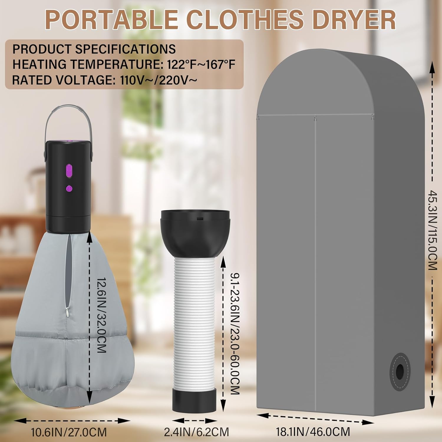 Portable Clothes Dryer - Compact Dryer for Travel, RV, Apartment, Home Detachable Mini Drying Machine with Fabric Cover for Light Clothes, Underwear (Black)