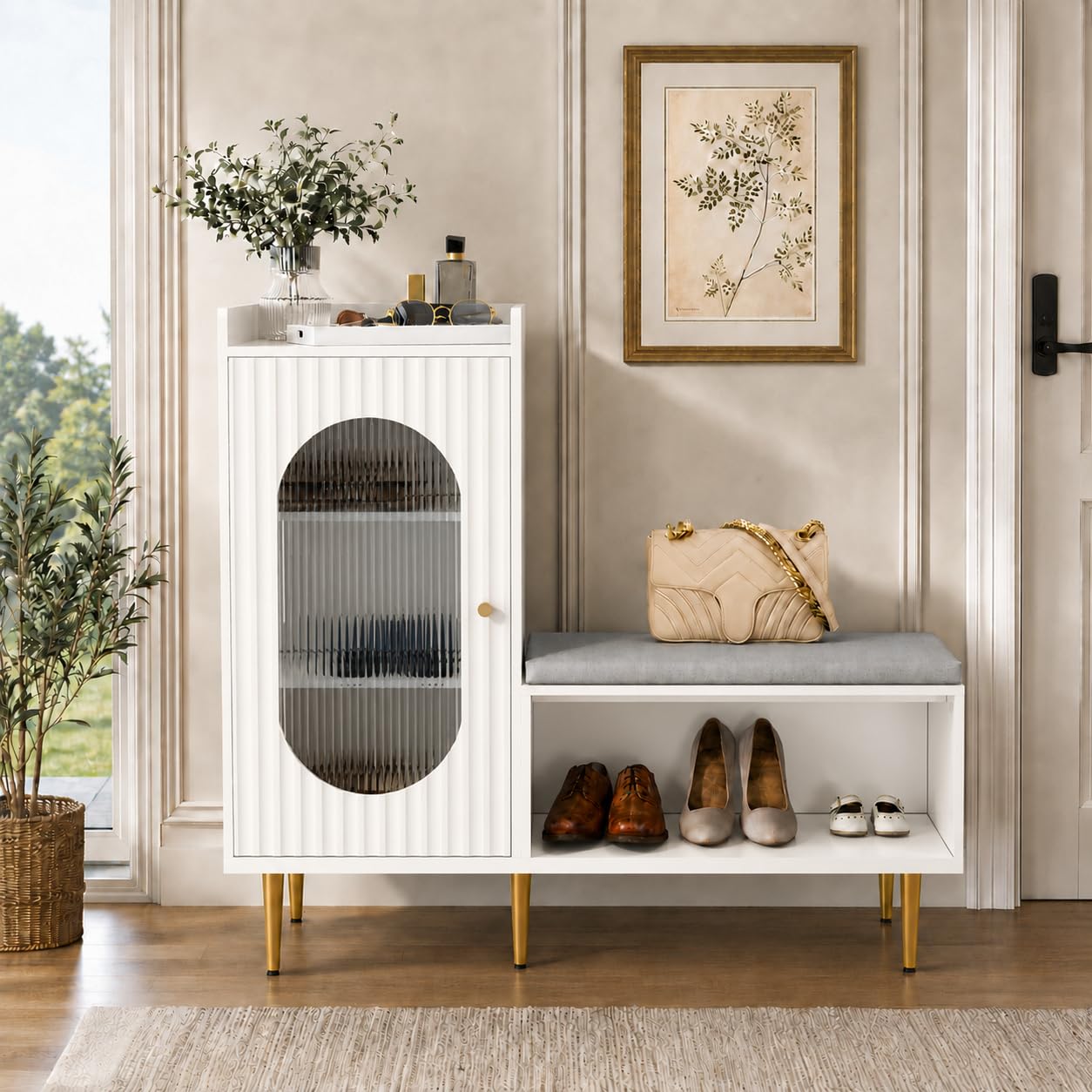 HLR Shoe Storage Bench with Glass Door&amp;Shelf, L-Shaped Shoe Cabinet, White