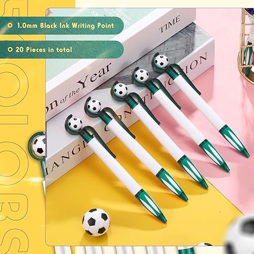 Miniatura 5 de Dianelhall 20 bolígrafos de fútbol con forma de fútbol, tinta negra, retráctiles, punta media de 0.039 pulgadas, agarre suave, para la escuela y la