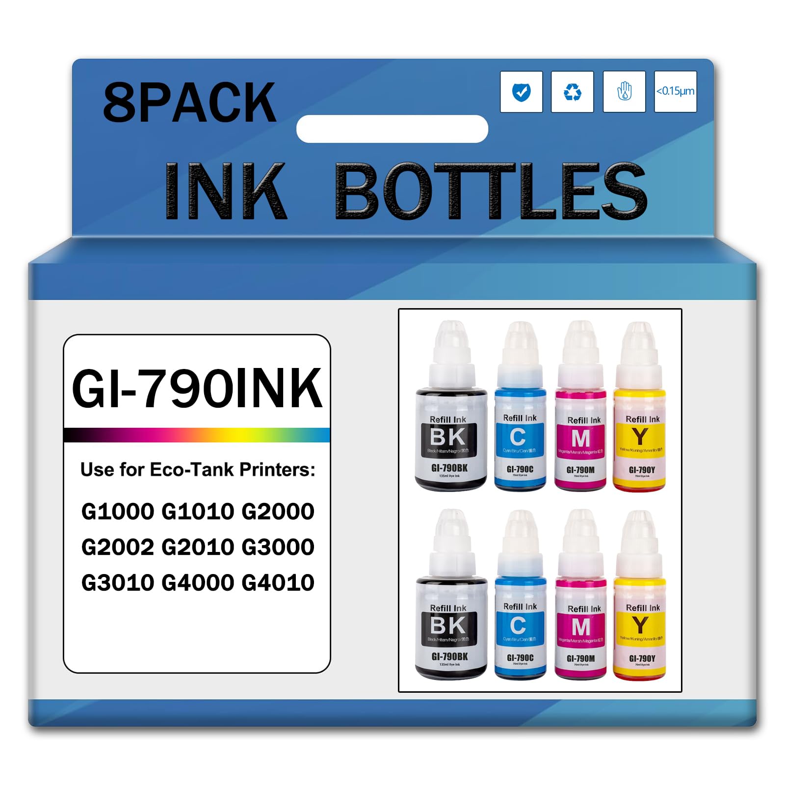 GI 790 GI-790 GI-790BK GI-790C GI-790M GI-790Y Tinten-Nachfüllflaschen kompatibel mit Canon PIXMA G1000 G1010 G2000 G2002 G2010 G3000 G3010 G4000 G4010 Druckern(Size:2Set,Color:4Color)