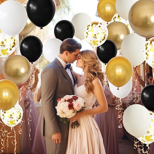 Miniatura 7 de Globos de color negro, dorado y beige, 60 globos de arena negra dorada y blanca con globos de fiesta de confeti dorado metálico para graduación,